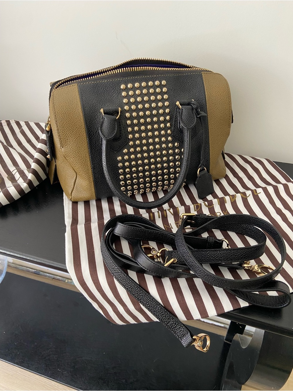 henri bendel Black and Olive Two-Tone Studded Satchel